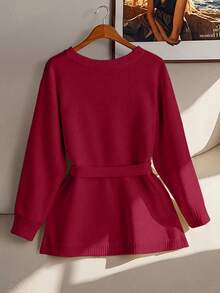 GlowEve CURVE Plus Size Women Elegant French Style Knit Cardigan With Belt Design - Burgundy - View 2
