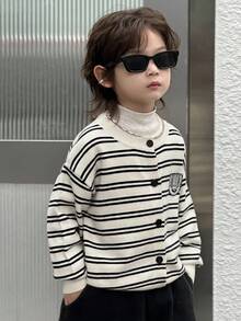DAZY Toddler Boys' Loose Striped Knit Cardigan Long Sleeve, Autumn - Black and White - View 1