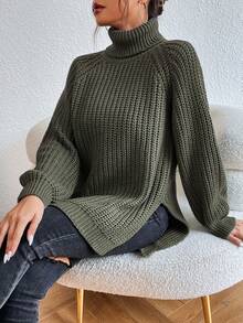 SHEIN Frenchy 女士休闲日常通勤简约纯色高领插肩袖开叉下摆罗纹针织毛衣，秋冬 - 橄欖綠 - 查看 5