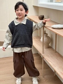 Genkimix Kids 3件套小男孩纯色休闲背心+纯色休闲衬衫+口袋装饰休闲锥形裤套装