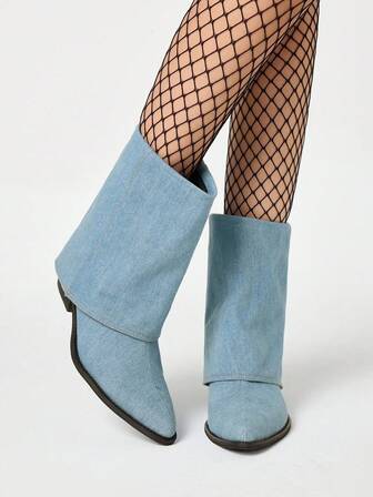 Fairycore Modische Stiefel mit Holzmaserung, hoher Absatz, spitzer Zehenform, Western-Stil, denimblau, Cowboy-Knöchelstiefel