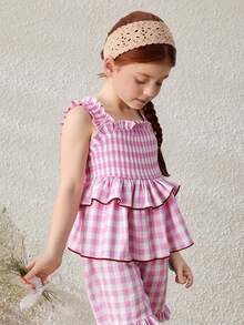 SHEIN Young Girls Countryside Vacation Pink Plaid Sleeveless Top/Shorts Set - Multicolor - View 4