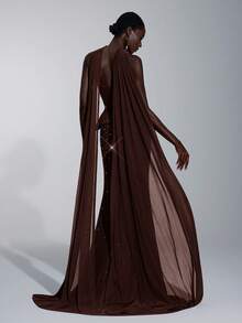 Elitara Gaun Malam Formal Wanita Elegan, Mewah, dan Sangat Berhias Rhinestone, Buatan Tangan, dengan Kerah Bunga dan Cangkang Logam, Model Ekor Duyung - Coffee Brown - View 3