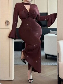 Flirla Plus Size Sexy Solid Color Deep V Sparkly Decor Fitted Dress - Coffee Brown - View 7