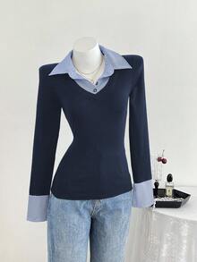 Elamini 女士休闲合身针织条纹衬衫 - 藏蓝色 - 查看 4