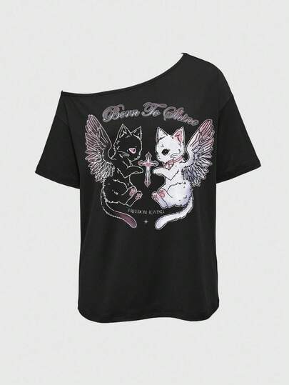 Kawaii T-shirt ample asymétrique à l'épaule avec ailes de chat gothique sexy, rose et noir pour femmes