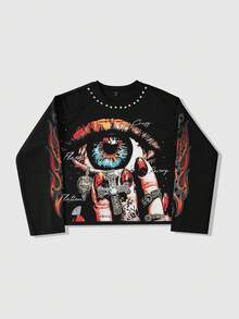 ROMWE MEN Street Life Camiseta de manga corta con estampado gráfico de texto en inglés y ojo, estilo callejero unisex, para primavera/otoño - Negro - Ver 6