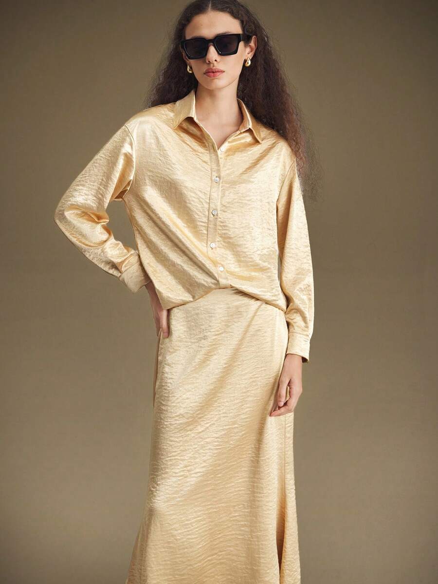 Ontre 2025秋冬新品，实用百搭日常设计师款，金色，极简衬衫，宽松版型，女款两件套，鱼尾裙，商务休闲，办公室通勤，日常穿着，秋冬，韩版，时尚设计 - 金色 - 查看 1