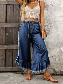 EMERY ROSE Plus Size Women Casual Frayed Hem Jeans, All Season - Dark Wash - View 1