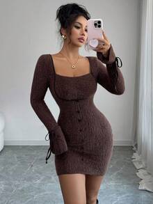 Modelyn Women's Fall Elegant Short Dress, Autumn/Winter - Coffee Brown - View 7