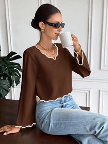 Serisse Women's V-Neck Contrast Trim Casual Pullover Sweater In Fall/Winter,Brown Sweater,Brown Top - Brown - View 4