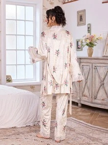 Elorette 3件套女士秋冬丝绒蕾丝浪漫玫瑰花卉吊带背心上衣+长裤+睡袍睡衣套装 - 彩色 - 查看 2