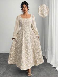 Elenzga Váy chữ A dài tay bằng vải chiffon jacquard thanh lịch dành cho nữ cỡ lớn đầu thu - Màu be - Xem 1