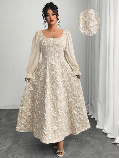 Elenzga 大码女装优雅初秋雪纺长袖提花A字连衣裙