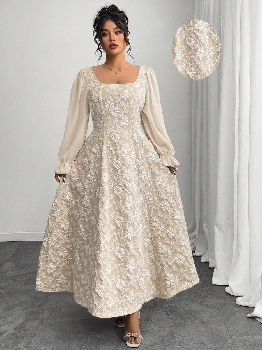 Elenzga Váy chữ A dài tay bằng vải chiffon jacquard thanh lịch dành cho nữ cỡ lớn đầu thu - Màu be - Xem 1