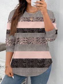 EMERY ROSE Pink Metallic Textured Striped Casual Minimalist Loose Fit Crew Neck Sweatshirt, Suitable For Plus Size, Fall/Winter, Party - Multicolor - View 4
