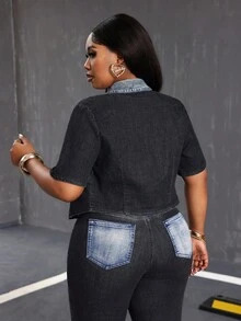 Slaydiva Plus Size Women's Contrast Color Short Sleeve Pocket Design Casual Denim Blouse