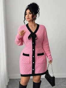 Elenzga Plus Size Women's Autumn Long Sleeve Knotted Front Pocket Design Elegant Knit Dress