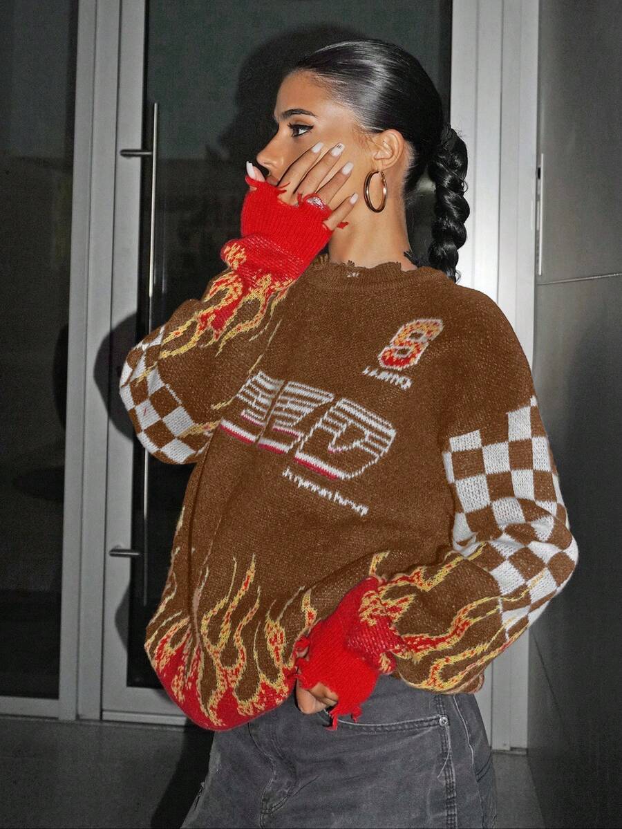 SHEIN ICON Suéter de hombros caídos con estampado de fuego y letras, estilo bikercore de primavera - Marrón - Ver 1