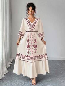 Elenzga Plus Size Women Placement Retro Print Beach Dress, Bohemian Style - Apricot - View 3
