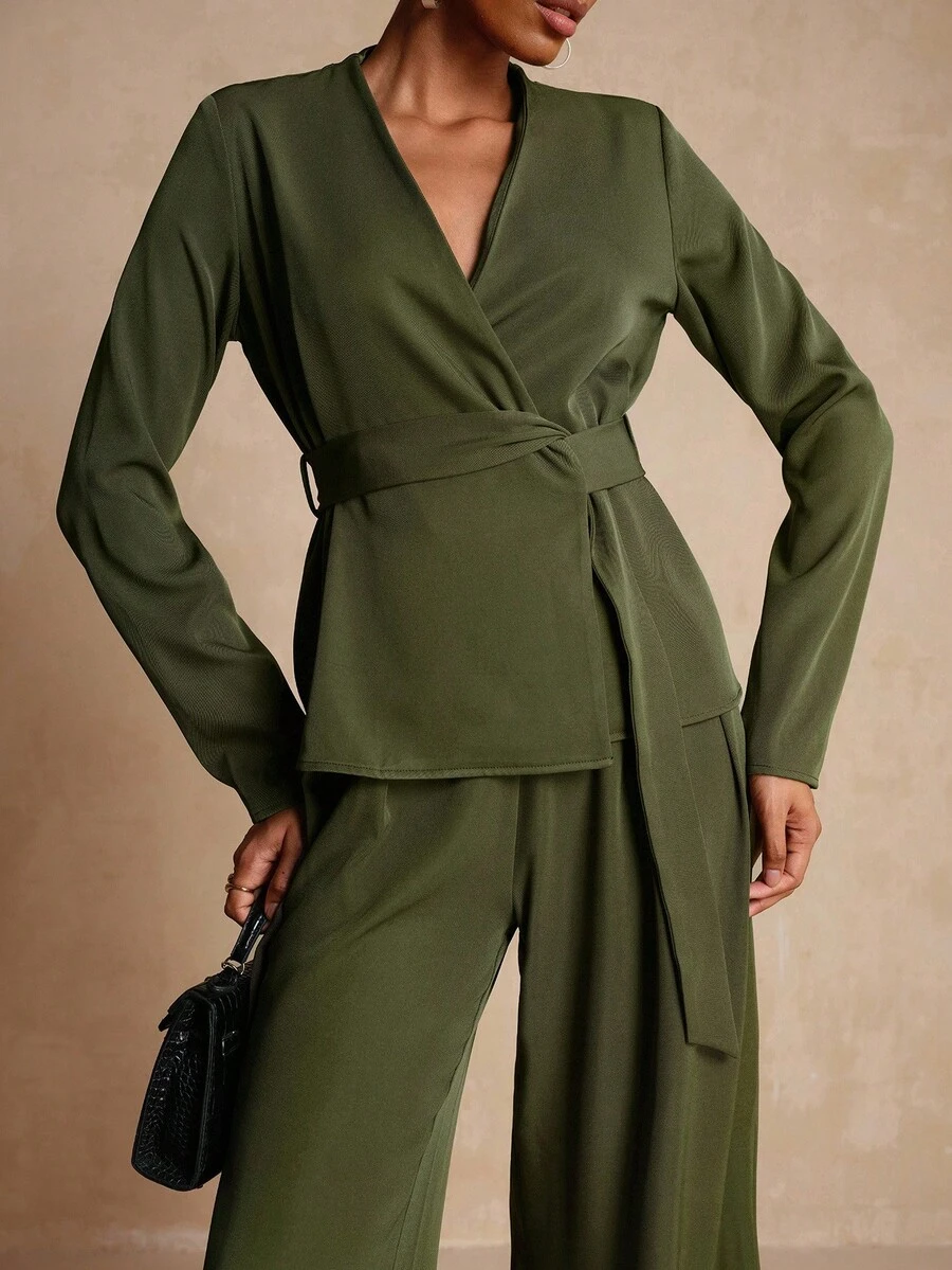 Vesra Women's Solid Color Waist Belt Long Sleeve Top And Pants Casual 2 Pieces Set - Army Green - View 1