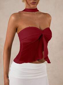 Glamine Weinrote sexy durchsichtige rückenfreie Spitze geraffter Neckholder Bluse, Halloween Bluse, Weihnachtsbluse, Party Must-Have, Schicke Herbst, Streetwear, Y2K, Gehobene Eleganz Bluse, Club Bluse, Konzert Bluse, Date Night Bluse, Geburtstags Bluse für Frauen, Rave Festival Bluse