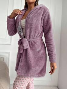 EURMUSE 1pc Cat Embroidery Hooded Belted Flannel Robe - Mauve Purple - View 5