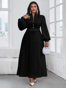 SHEIN Lady 秋冬优雅休闲通勤复古办公室黑色针织立领鱼尾喇叭袖长袖大码连衣裙正式职业装 - 黑色 - 查看 4