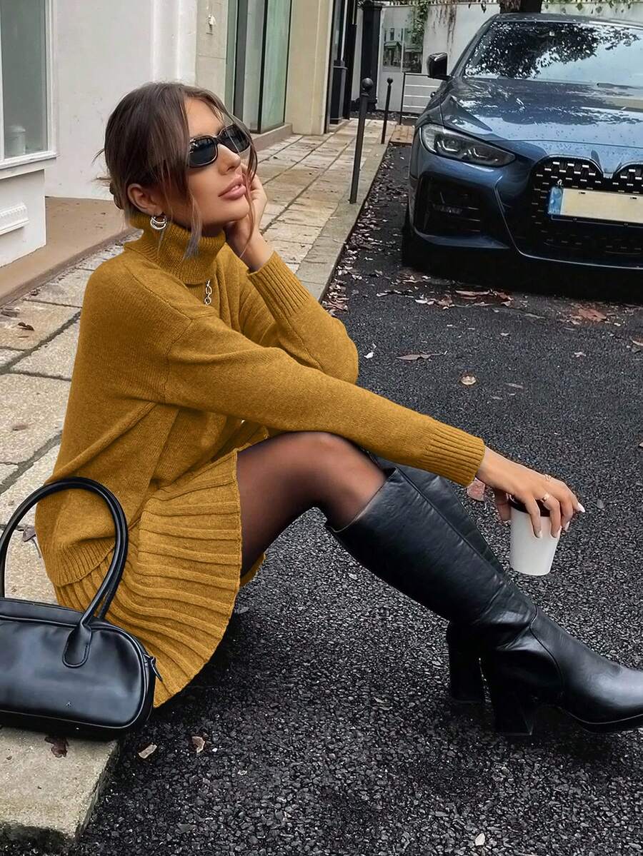 Lyxana Women's Solid Color Minimalist Turtleneck Long Sleeve Top And Mini Skirt 2-Piece Set - Yellow - View 1