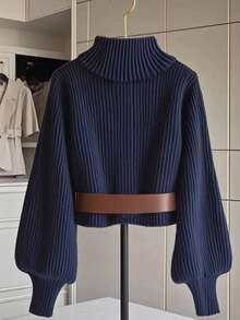 GlowEve 女士时尚百搭高领金属纽扣灯笼袖毛衣 - 藍色 - 查看 2