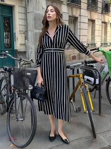 Pariaura 女士休闲通勤条纹前扣长袖连衣裙，秋季 - 黑色 - 查看 6