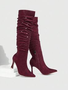 CUCCOO SZL Giày bốt cao đến đầu gối màu đỏ tía, đính đá Rhinestone, họa tiết nhăn dành cho nữ, gợi cảm khi dự tiệc - Màu Đỏ Sâu - Xem 2