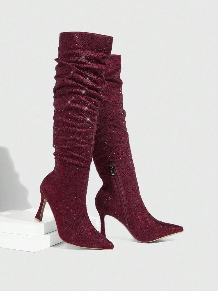 CUCCOO SZL Women's Pointed Toe Rhinestone Embellished Wrinkled Burgundy Stiletto Knee-High Boots, Sexy Party Club Wear For Christmas Spring Shoes