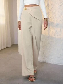 SHEIN Tall 女款純色百褶金屬裝飾優雅長褲，適合高個女性 - 米色 - 查看 8