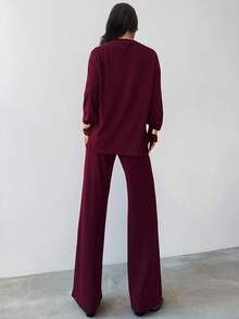 Firerie Ensemble de pull-cardigan bordeaux et pantalon large à taille élastique pour femmes, costume en fausse fourrure tricotée, tenue minimaliste de base, convenant pour le printemps, l'automne et l'hiver, élégant, pour le trajet, décontracté, quotidien, tenue de travail, tenue pour enseignantes