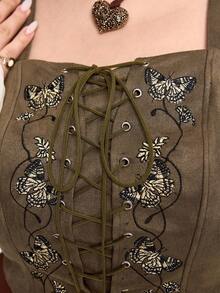 ROMWE EDITION Blusa de tirantes verde con bordado de mariposa y flores, talla grande - Burdeos - Ver 10