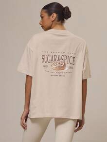 Musera Sport Oversized Graphic Print Short Sleeve T-Shirt Active Sports Workout Cute Cinnamon Swirl Graphic Tee - Cream - View 4