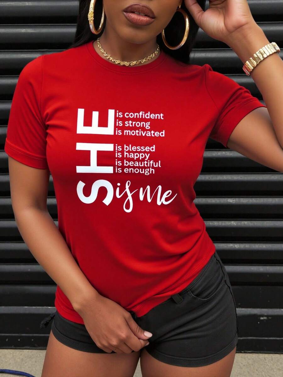 INAWLY Women's T-Shirt Printed With Letter And Graphic Combination For New Year Clothes Graphic Tees Women Tops - Red - View 1