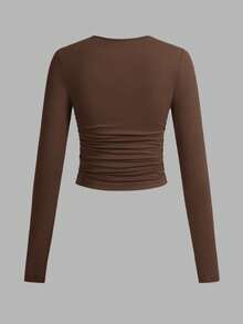 SHEIN EZwear 3pcs/Set Women's Casual Solid Color Crew Neck Ruched Long Sleeve T-Shirts, Autumn/Winter