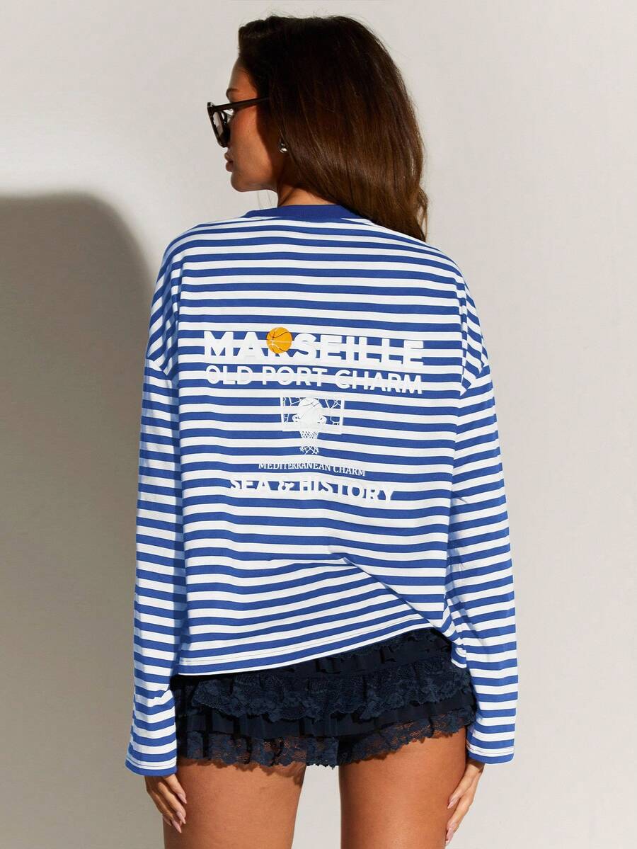 Athîral 女式休闲日常条纹字母印花上衣 - 藍色 - 查看 1