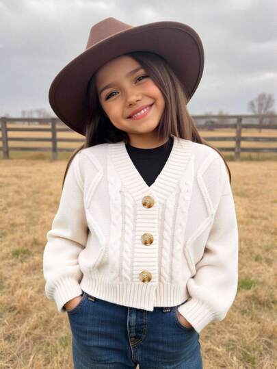 Emery Rose Kids Emery Rose Kids Chaqueta de punto de cable con cuello en V para niña, otoño/invierno