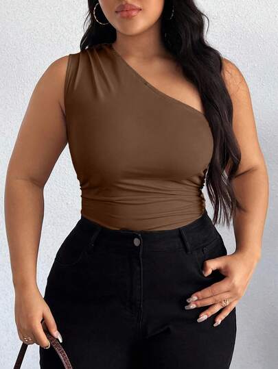 Elenzga 夏季大码纯色褶饰单肩连体衣