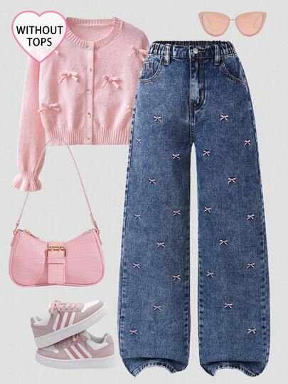 SHEIN Jeans de pierna ancha con bordado de lazo para adolescentes