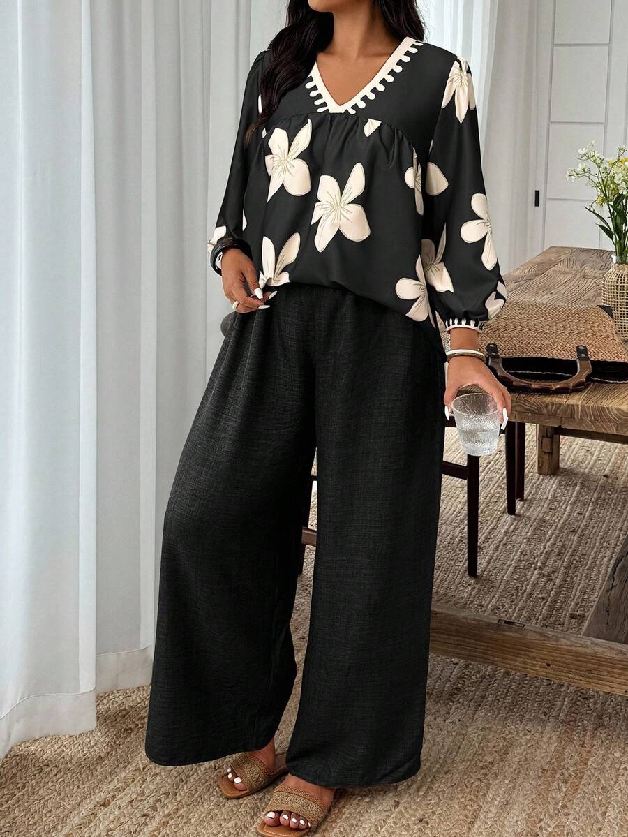 EMERY ROSE 2 Peças Conjunto de Top e Calça Casuais com Estampa Floral em Decote em V, Plus Size, Outono - Multicolorido - Visão 1