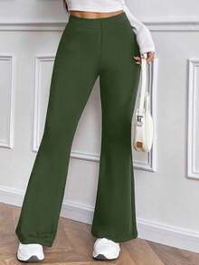 Almamuse Women's Casual Everyday Versatile Skinny Thermal-Lined High Waist Flare Pants, Elastic Waist, Black, Winter - Army Green - View 4