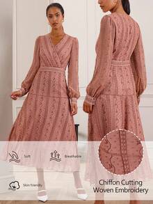 Lilora Vestido Casual Feminino de Manga Longa com Decote em V e Estampa, Comprimento Médio - Rosa Bebê - Visão 9