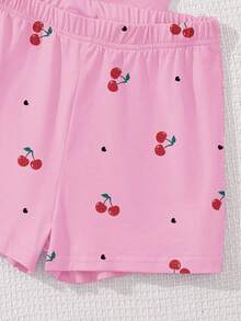 SHEIN 2 件樱桃印花休闲少女短袖上衣和短裤套装，适合夏季、海滩、度假 - 彩色 - 查看 4