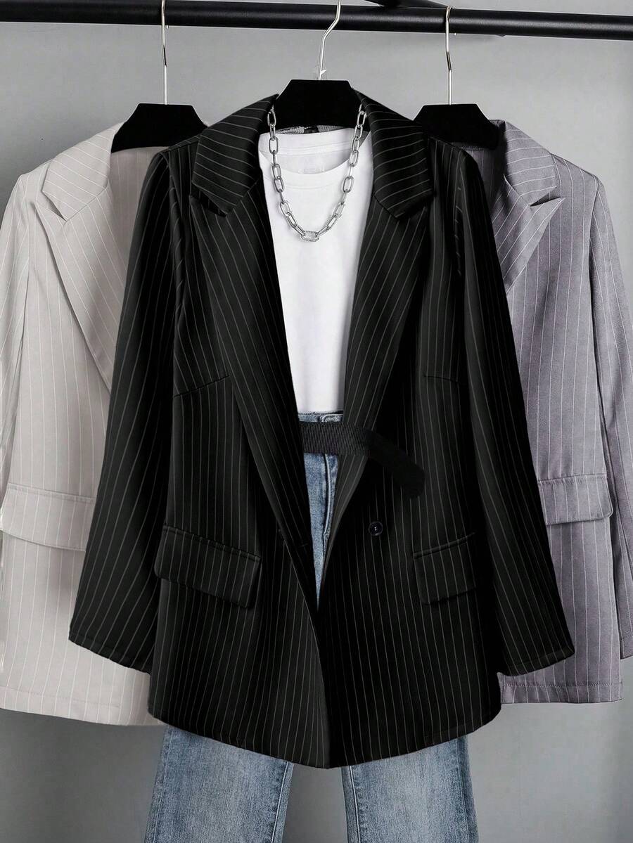 EMERY ROSE Blazer feminino plus size listrado casual manga comprida gola entalhada - Preto - Ver 1