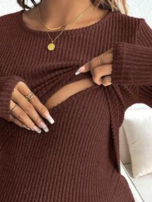 SHEIN Maternity Nursing Casual Solid Color Round Neck Fitted Long Sleeve T-Shirt, Autumn Pregnant Long Sleeve Maternity Top Fall - Coffee Brown - View 5
