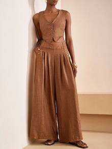 Zivah 2025夏季新款音乐节复活节母亲节婚礼生日派对日常出游基础百搭休闲度假邮轮旅行沙滩海边日光浴网红爆款街头风优雅通勤商务休闲V领无袖修身开衫女背心宽松阔腿裤纽扣口袋百褶女两件套 - 鏽棕色 - 查看 1